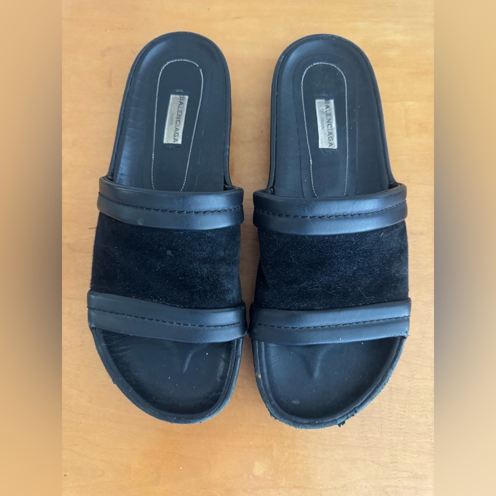 Balenciaga Black Suede & Leather Slide Sandals